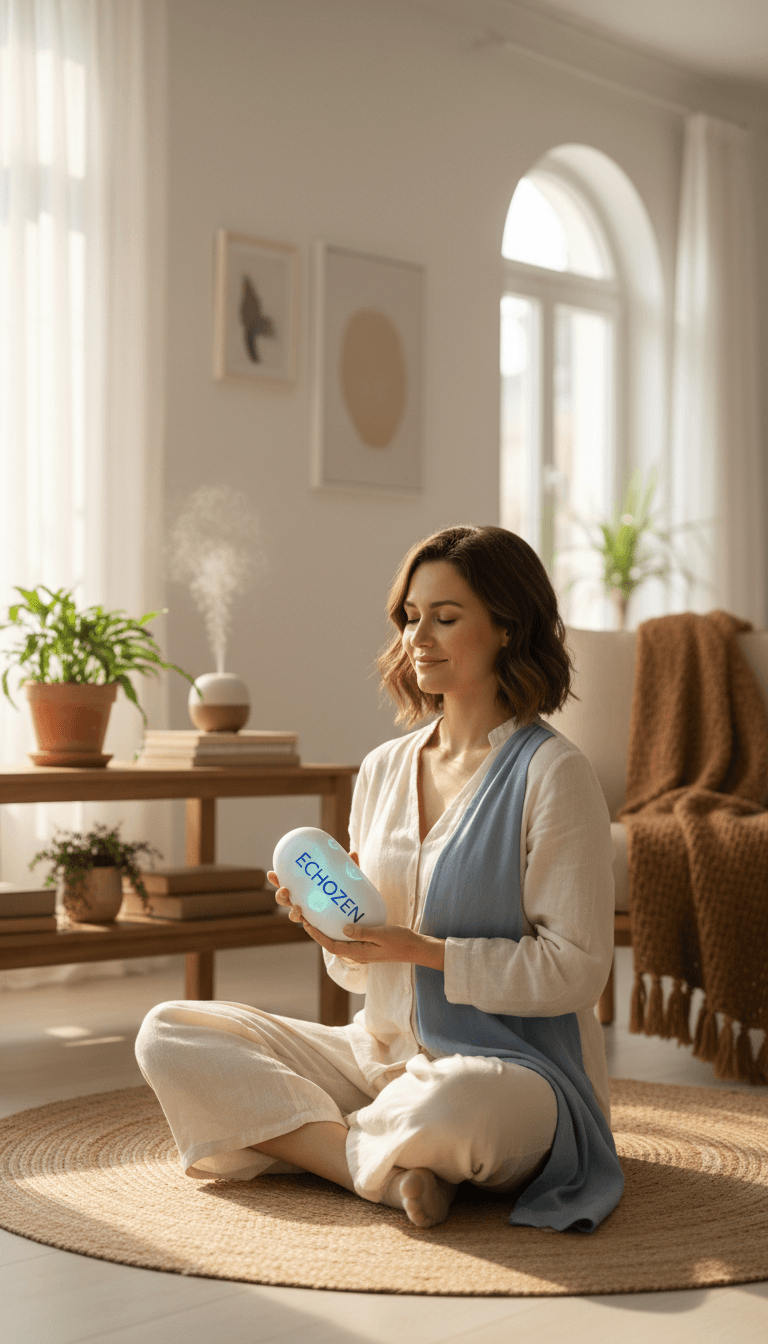 Person enjoying relief and comfort while using Echozen for tinnitus support