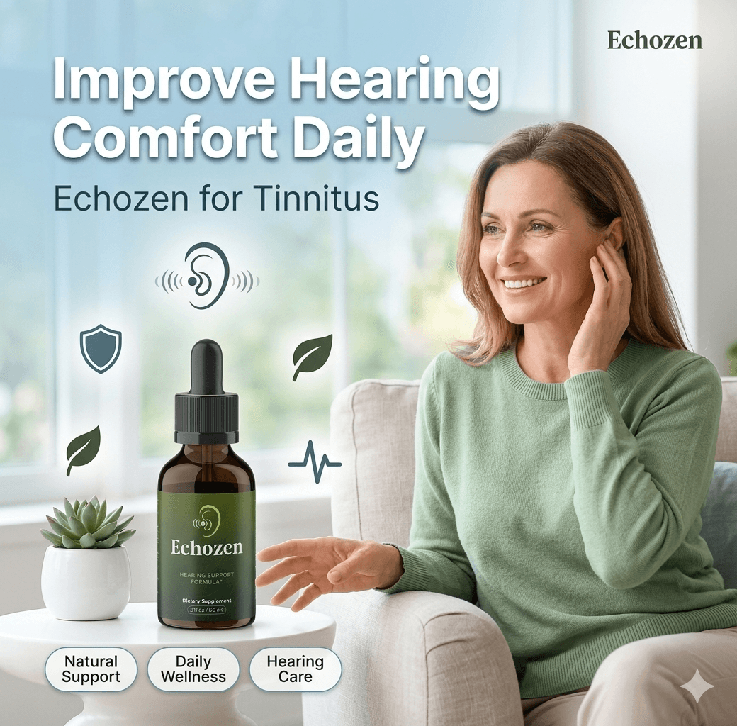 Smiling woman touching her ear next to Echozen hearing support formula for tinnitus relief.