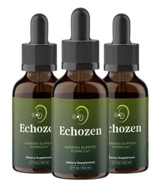 Three amber glass dropper bottles of Echozen Hearing Support Formula dietary supplement.